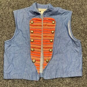 90's Cactus Flower Vintage Southwestern Denim Vest Striped Concho Button Large